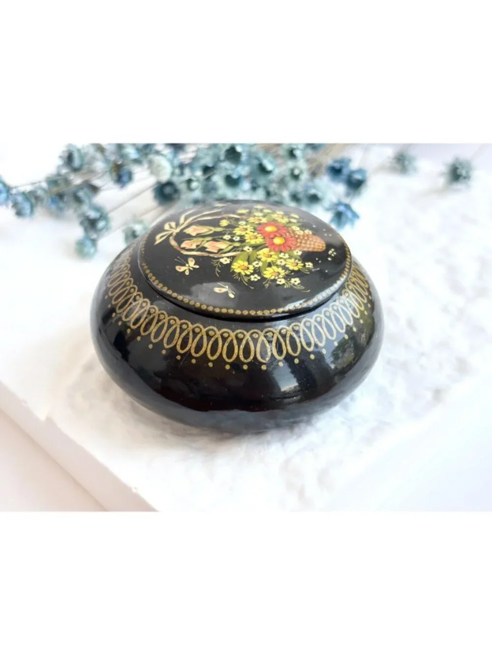 Russian Lacquer Handmade Wooden Floral Vintage Trinket Box | Jewelry Box